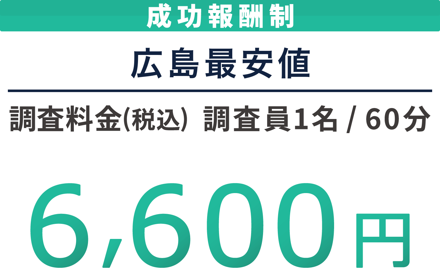 成功報酬制 広島最安値 調査料金(税込) 調査員1名60分 6,600円 各種クレジットカードに対応しております