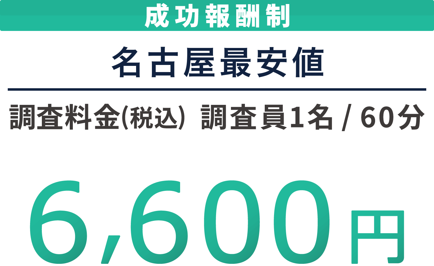 成功報酬制 名古屋最安値 調査料金(税込) 調査員1名60分 6,600円 各種クレジットカードに対応しております